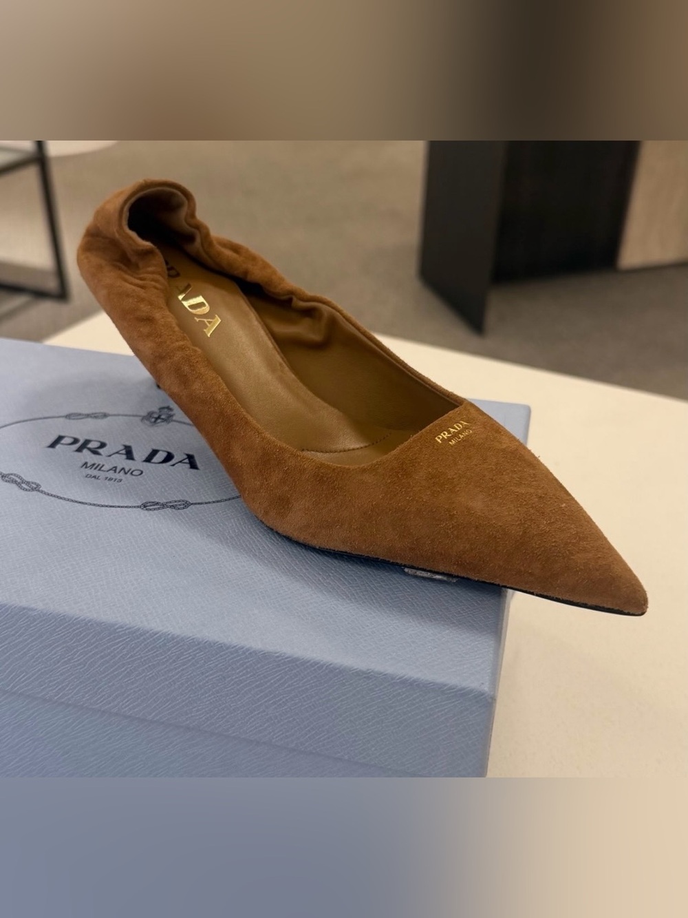 Prada Brown Suede Pointed Kitten Heel Pump with Gold Logo RETAIL VALUE $1250